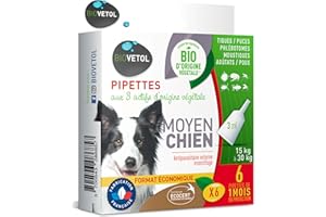 BIOVETOL - Pipettes Antiparasitaires Chien - Antiparasitaire Bio Certifié Ecocert - Anti-puces, Anti-Tiques (pour Moyen Chien (de 15 à 30 kgs), 6 pipettes)