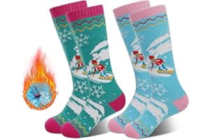 HYCLES Calzini da sci per bambini per ragazzi e ragazze, 2 paia di calzini termici colorati caldi da sci per bambini, morbidi e traspiranti, invernali, per sci, pattinaggio, snowboard