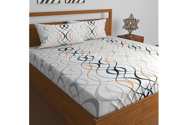 DECOREZA 240 TC Cotton Feel Glace Cotton Elastic Fitted Printed King Size Double Bed Bedsheet with 2 Pillow Covers and Fits Upto 8 inches Mattress, Size- 72"x78" (White Wave)
