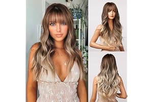 Honygebia Peluca Marrón Degradado con Flequillo - Pelucas Marrones Claras para Mujer, Marrón Ceniza Larga Ondulada, pelo Sintético Natural Realista Resistente al Calor para Carnaval/Cosplay/Fiesta