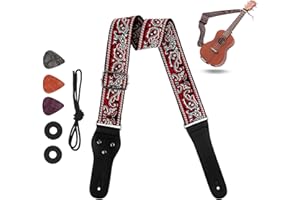 WORAHROE Gitarrengurt mit Echtlederenden, Ukulele Gurt Vintage bestickte Baumwollgitarrengurte, Gewebter Gitarrengurt für Bass-, E- & Akustikgitarren, mit 3 Gitarrenplektren, Gurtknopf &1 Paar Gurtschlössern