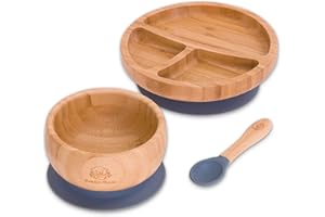 Bubba Bear ® Ensemble de sevrage pour bébé | Assiettes, bols et cuillères en bambou pour l'alimentation LED des tout-petits | Ensembles d'assiette, de bol et de cuillères pour bébés (Gris Minuit)