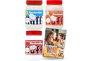 CUCINADA Marshmallow Fluff Original, Caramel and Strawberry Mix Flavour (213 g x 3) with Card Recipe - Marshmallow Spread Delights | Gluten-Free and Ideal for Vegetarians