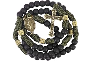 Nazareth Store Rosenkranz-Halskette aus robustem, langlebigem Paracord-Rosenkranz in Antik-Bronze-Bronze, mattschwarze Gebetskette mit Heiliger Medaille und Kruzifix (Jesuskreuz mit Wundermedaille)