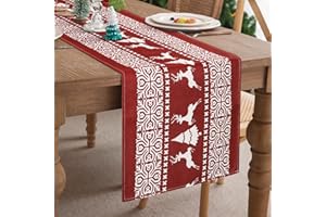 DECORMOMMT Runner Natalizio Rosso 40x140 Moderno Decorativa Moderno Rosso Alce Con Alberi Di Natale E Fiocchi Di Neve, Decorazione Festiva Per Tavolo Invernale, Ideale per Cucina Decorazione