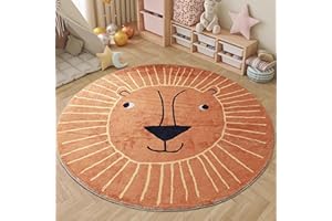 ‎AIMECO AIMECO Kinderteppich Rund 160CM Weicher Kuscheliger Carpet Wohnzimmer Teppichen Mädchen Schlafzimmer Kinderzimmer Dünn Pflegeleicht Teppiche Motiv Löwe - Orange