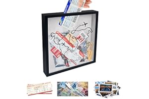 FramePro 11x11 Large Travel Adventure Archive Box Frame, World Map Memory Shadow Box with Slot, Life in A Box Travel Frame,Travel Memory Box for Tickets Rainy Fund Keepsakes Travel photos (Black)