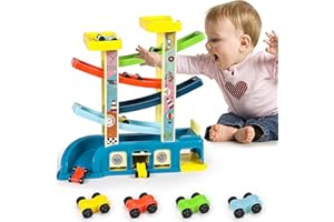 SUNFRY Pista Macchinine per Bambini 3-6 Anni Pista Auto da Corsa con 6 Mini Macchinine, Rampa per Auto Giocattolo Piste a Zig-Zag Educativi Montessori Regali di compleanno di Natale per Ragazze