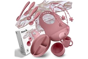 Navik | set pappa svezzamento da 12 pezzi | piatto svezzamento con ventosa per bambini | bicchiere bambino | cucchiaio e ciotola in silicone | rosa