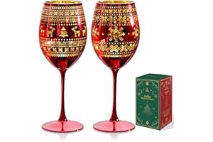 Joeyan 580ml Verres à Vin de Noël - Lot de 2 Verres à Rouge et Blanc avec élément de Noël - Verre à Vin Cristal Soufflé à la Main,Idéal pour Noël et Les Cadeaux