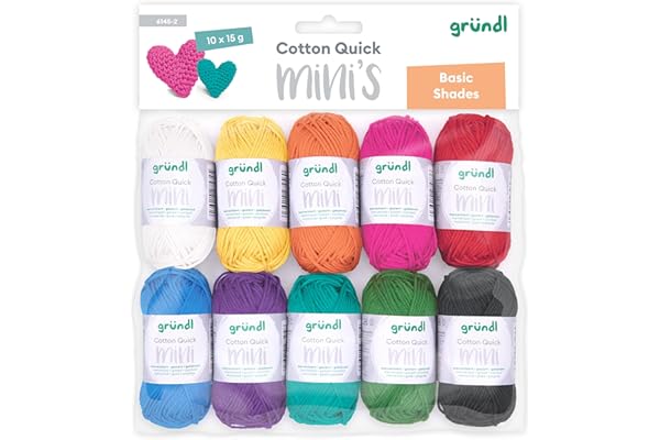 Gründl Laine Cotton Quick Mini Shades - laine fine pour crocheter de petites figurines – brillante et respectueuse de la peau - 100% coton - 10 mini-pelotes 15 g / 37 m – taille d’aiguille 3–4coloré