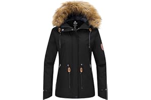 Wantdo Femme Veste de Ski Imperméable avec Capuche Fausse Fourrure Manteau d'hiver Chaud Veste de Snowboard Outdoor Veste Randonnée Travail Coupe-Vent
