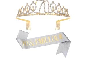 DIMETEY Sliver Gold "70 & Fabulous"Sash & Rhinestone Tiara Set, 70th Birthday Gifts for Women, Birthday Sash/Tiara for Women's 70th Birthday Party Decoration (Sliver 70th)