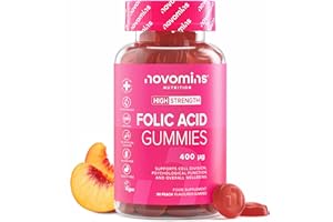 Gommes Acide Folique – 400 µg Vitamine B9 Hautement Dosée – Grossesse, Fertilité & Bien-être – Végétalien & Sans Gluten – Goût Pêche – 3 Mois d’Approvisionnement – Novomins