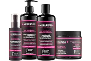 Kerargan - Conjunto Ultra Reparador Champú, Acondicionador, Mascarilla & Suero con Keratina para Cabellos Dañados y Estresados - Revitaliza & Protege - Sin Sulfatos, GMO, Silicona - 3x500 ml + 100 ml