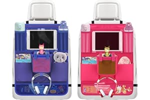 ANNMORE Organizador Asiento Coche Niños para Toniebox Kit, Múltiples Bolsillos para Botella Agua, Tentempiés y Accesorios de Viaje, Gancho para Auriculares y Soporte para Tableta de 10", Pack de Azul y Rosa