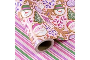 RUSPEPA Papel De Regalo Navideño Reversible Con Diseño De Pan De Jengibre. - Mini Rollo - 43,2 Cm X 10 M - Papel De Regalo Con Rayas Rosa Y Morado Y Pan De Jengibre Para Y Fiestas.
