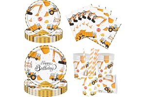 Aitsite 100 sztuk zestaw naczyń imprezowych na plac budowy, pojazdy techniczne, talerze imprezowe, urodziny dla 20 gości, naczynia jednorazowe, papierowe kubki, serwetki, słomki, dekoracja na imprezę