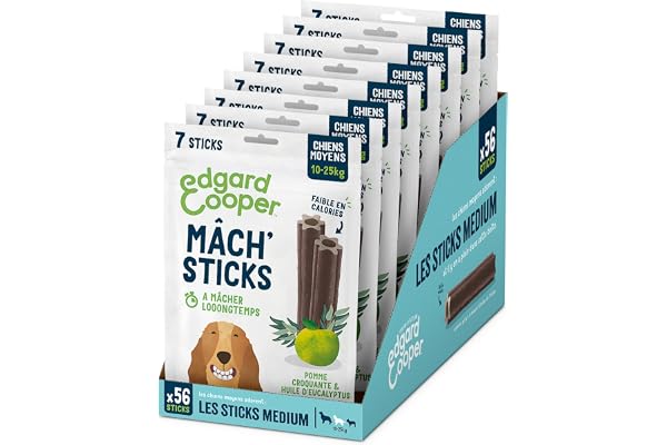 Edgard Cooper Friandises Pour Chien, (Eucalyptus & Pomme, 7 bâtons x 8), Moyen, Un par Jour, Faible en Calorie, Mastication Longue Efficace, Haleine Fraîche