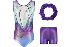 Hotfiary Gymnastics Leotards for Girls Long Sleeve/Sleeveless Sparkle Dance Leotard with Tumbling Gymnastics Shorts Ballet Dancewear for Kids 5-14 Years