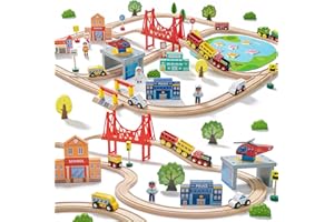 Tiny Land 110PCS Wooden Train Set – Toy Train with Tracks for Kids Ages 3-7, Compatible with Major Brands, Ideal Railway Playset for Boys and Girls, Great Birthday