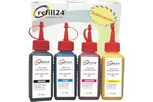 refill24 Sublimation Ink Compatible with Epson, Ricoh, Mimaki, Roland, Mutoh. Includes 4 x 100 ml, Black, Yellow, Magenta, Cyan