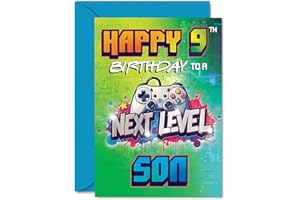 GIFTZIE 9th Birthday Cards For Son - Next Level - Happy Birthday Card for 9 Year Old Boy Son Nephew Grandson Cousin, 5x7 Inch Bday Greeting Cards