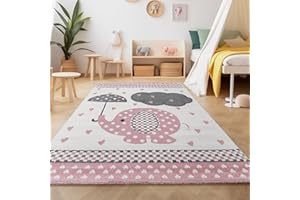 SIMPEX Teppich Kinderzimmer Elefanten-Design Kurzflor Kinderteppich mädchen Spielteppich Modern Design Babyzimmer Teppiche für Junge und Mädchen Extra Weich 120 x 170 cm Pink