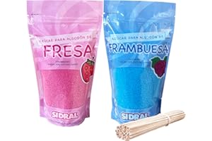 SIDRAL-Zucchero per Zucchero Filato (2x250 gr) - Set di 2 Gusti (Fragola / Lampone) - Aromi e Colori Naturali - 20 Bastoncini -