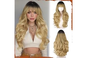 Sofeiyan Parrucca Lunga Ondulata,60 cm Biondo Sfumato Parrucche Resistenti al Calore con Frangia, Capelli Sintetici Naturali per Donne,Adatte per Quotidiane, Feste e Cosplay