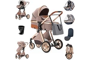 Zkiprm Carrito 3 en 1 Portátil Plegable con Un Clic, 3 Piezas con Silla de Auto y Capazo Giratorio, Marco de Aluminio Alto Calidad Conjunto Paisaje, Caqui