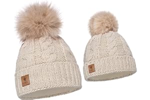 ELIMELI Bonnet d'hiver chaud pour mère et fille - Avec pompon en fausse fourrure - Pour femme - Bonnet d'hiver - Pour femme - Bonnet à pompon - Pour maman et bébé