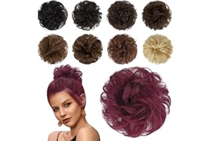 FESHFEN 100% Echthaar Haarteil Dutt Haargummi, Wellig Lockige Haarknoten Haargummi Haarverlängerungen Hochsteckfrisuren Echthaar Haarteil für Damen Mädchen, Burgund