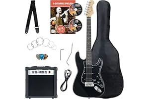 Set Completo Rocktile Banger's Power Pack Guitarra Eléctrica con Single Coil y Humbucker Pickups Negro (Amplificador, Funda, Cable, Correa, Púas, Tremolo, Cuerdas de Repuesto y Escuela con CD/DVD)