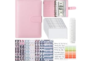 CHARFIA Portfolio A6 en PU Cuir, Classeur A6 Anneaux, Porte Documents avec 12 Feuilles de Budget 12 Pochettes Transparentes Zippées Dossier 21 Autocollants D'étiquettes 1 Règle 2 Autocollants de Catégorie