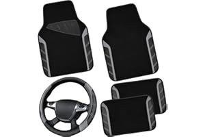 CAR PASS Leder Lenkradbezug und wasserdichte Auto Fußmatten, Mikrofaser Universal Auto Combo passend für 95% LKWs SUVs Autos, 36.8-38.1CM Sportlich Anti-Rutsch Design(Schwarz Grau)