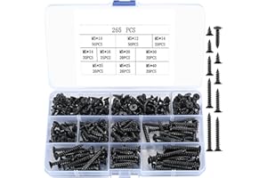 SZSLMY 265 Pcs M5 Wood Screws Assortment Kit, Flat Head Phillips Self Tapping Screws, Assorted Countersunk Screws Drywall Screws for Wood, Furniture, Sheetrock, Repairs, DIY Project - Black (265)