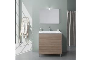 Kiamami Valentina - Mobile Bagno a Terra con Lavabo Integrato | 2 Cassetti Capienti | Specchiera Inclusa | Design Moderno | Piedini Regolabili | Rovere Naturale, 80 cm, Rovere