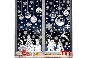 DPKOW Świąteczne naklejki okienne, 9 arkuszy świątecznych naklejek okiennych, scena bożonarodzeniowa, dekoracje okienne do wnętrz, biały Święty Mikołaj, płatek śniegu, naklejki na okna na Boże