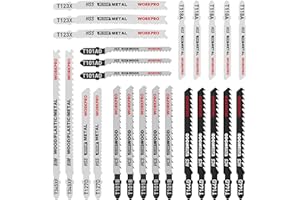 WORKPRO 25-piece T-Shank Jigsaw Blade Set with Storage Case, Made with HCS/HSS/BIM, Assorted Blades for Wood, Plastic and Metal Cutting, Compatible with All Jigsaw