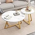 Sky over Modern Nesting Coffee Table Set of 2, Round Accent Coffee Table with Faux Marble Pattern Wood Top & Gold Metal Frame for Living Room Office Balcony