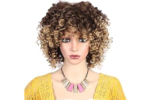 N\C Meiriyfa, Parrucca con capelli afro ricci, crespi e biondi, lunghi alle spalle, con frangia, sintetici, resistenti al calore, effetto pieno, per donne di colore