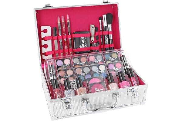 LOVE URBAN BEAUTY Dazzling – Trousse de maquillage végétalienne 60 pièces pour adolescents – Élégante boîte argentée – Design compact et léger – Ensemble de maquillage pour femme facile à transporter