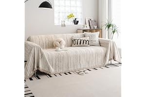 WEYOND Chenille Sofa Cover and Couch Cover with Tassels, Reversible Slipcover for L-Shaped Sectional, 2 3 4 Seater Sofa, Pet-Friendly Striped Design (180 x 380 cm, Khaki)