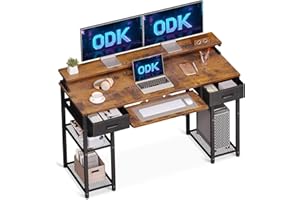 ODK Biurko komputerowe z szufladami, 120 x 48 x 90 cm, drewniane biurko ze zdejmowaną półką, biurko z półką na klawiaturę i stojakiem na monitor, stół gamingowy do domowego biura, brązowe