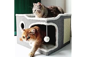Spindro Grand lit pour Chat d'intérieur, Niche Pliable pour Chat, Maison Cube avec Tapis à griffer, Lit Moderne pour Chien avec Coussin Doux Lavable, 43x43x33cm,Gris