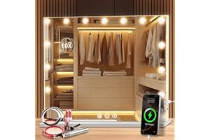 Puranex Hollywood Spiegel Schminkspiegel mit Beleuchtung, Kosmetikspiegel 58 x 46 cm, 15 LED Mirror Super HD für Make-up, 3 Lichtfarben Dimmbar Touch Control, USB, inkl. 10-Fach Vergrößerungsspiegel