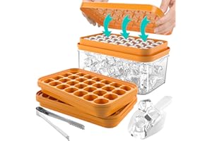 Vrent Eiswürfelbehälter mit Deckel und Behälte, Eiswürfelform & Eiswürfelschalen für Eiswürfelbereiter, 56 Stück Eiswürfel mit Eisschaufel und Clip für Babybrei, Getränke, Obst, Whiskey (Orange)