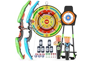 HYES 2 Pack Arc et Flèche Jouet pour Enfants, Kit de Tir à l'arc avec Lumières LED, Suction Cible Debout, 29'' Dart Board et Cibles de Score, Jeux Exterieur Interieur pour 3-12 Ans Garçons Filles
