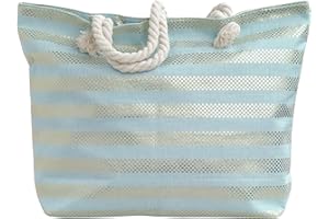 Ropo22 Bolsa De Playa y Piscina De Lona Con Cremallera, Forro Antiarena, Waterproof. Bolso Grande Con Bolsillo Interior y Asas De Cuerda Para Playa, Piscina, Gimnasio. Bolsos de Mujer.